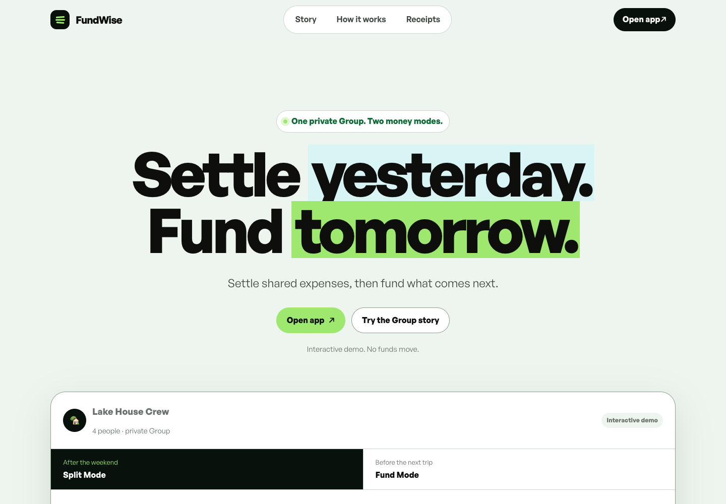 FundWise public landing page with its headline and the top of a Lake House Crew demo panel. No funds move.